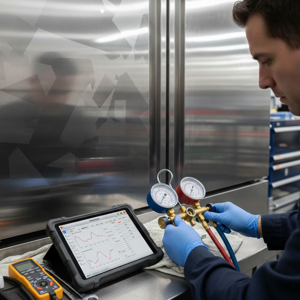 Technician performing commercial refrigerator diagnostics