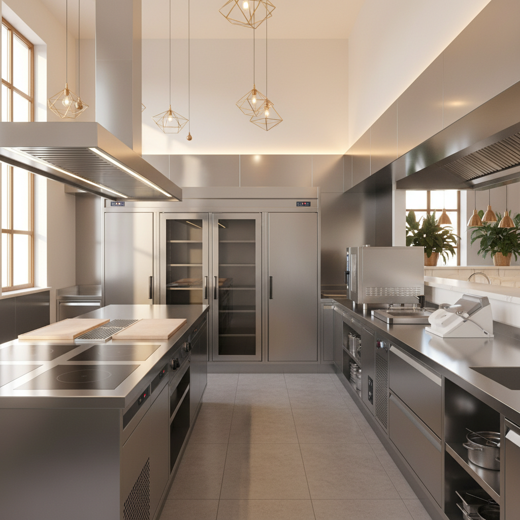 Premium commercial kitchen with stainless steel refrigeration
