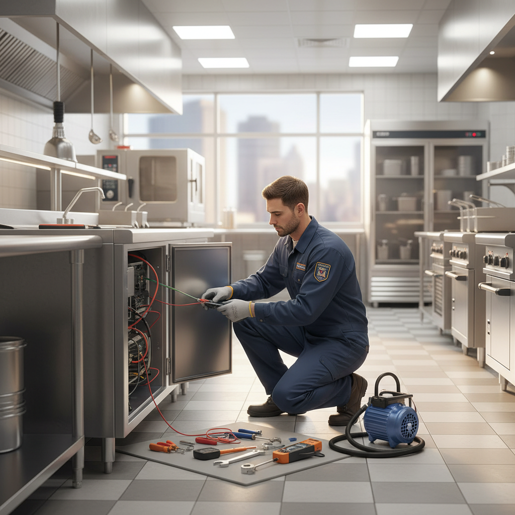 Technician repairing commercial Atosa-style refrigeration equipment